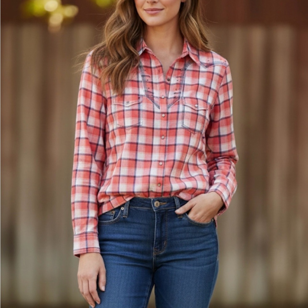 ROCK 47 by Wrangler Embellished Plaid Snap Front Shirt, Women’s XXL Red Blue